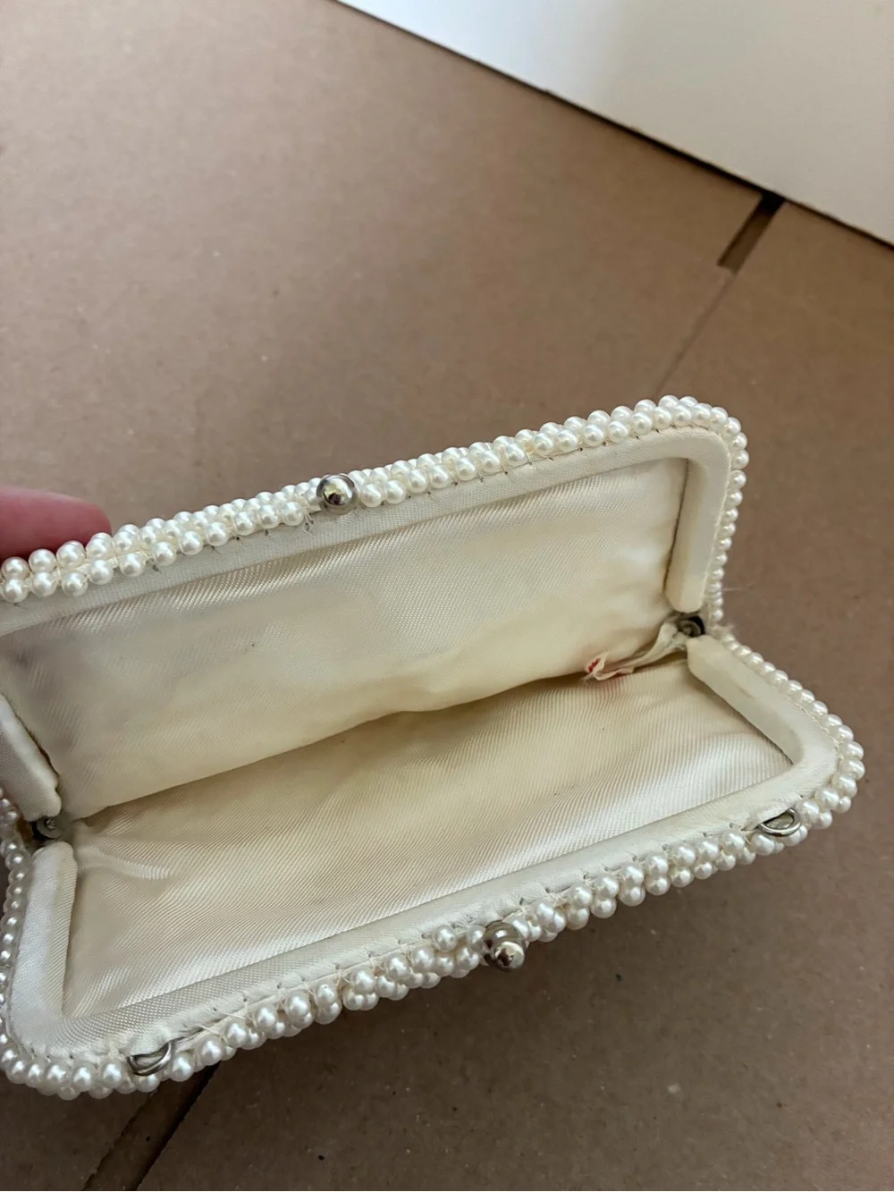 Vintage Pearl Beaded Clutch with Black Wave Trim